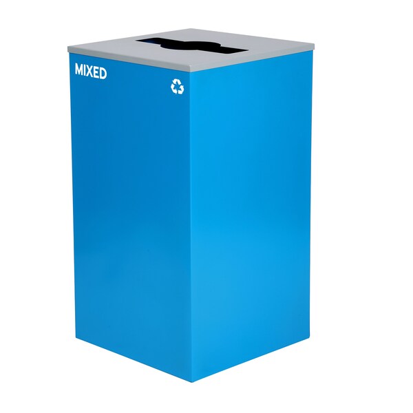 Square Recycling Bin, 29 Gallons, Blue Can, Mixed Opening Lid, For Mixed